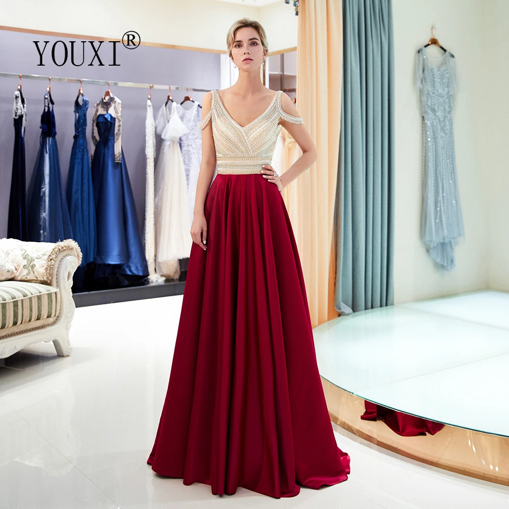 Robe De Soiree YOUXI сексуальные платья с v-образным вырезом бордового цвета из сатина с бусинами и кристаллами трапециевидные Вечерние платья Длинные Abendkleider