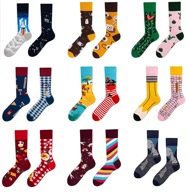 

New Unisex Socks Left Right Different Pattern Couple Kettle Wolf Pencil Wine Glass Donkey Bike Bee Cow Picture Men Socks Women