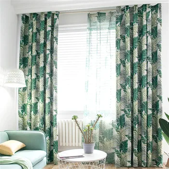 

Tropical Printed Blackout Curtains for Living Room Green Leaves Palm Tree Tulle Veil Liner Cortinas Bedroom Window Treatments