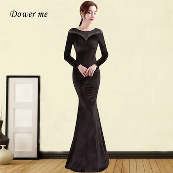 

Evening Dresses Long Sleeve GDX305 Elegant O-neck Black Special Occasion Dress Mermaid Velvet Shining Crystal Formal Gowns