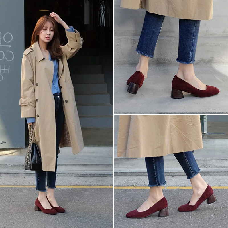 Skup EOEODOIT damskie jesienne czółenka kwadratowe Toe Med Chunky Heel stado codzienne modne obuwie praca w biurze pompy