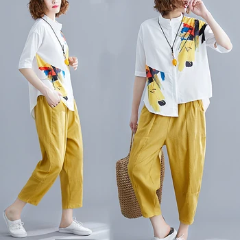 

summer new women set white printed blouse and harem solid pants female lady casual pant suits top quality