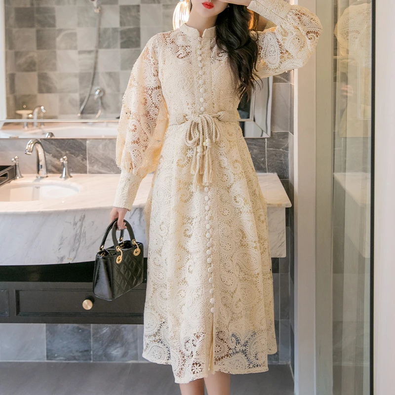 long beige lace dress