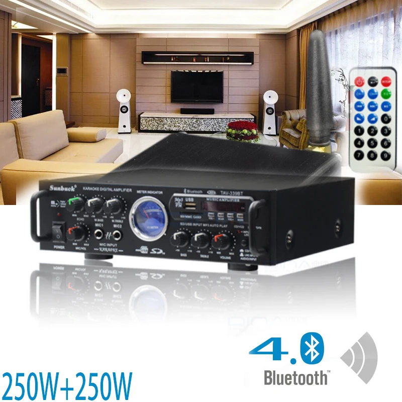 

KYYSLB 12V110V220V 250W*2 Car Bluetooth Amplifier Audio AV Square Stage Professional Home Amplifier USD FM with Karaoke Reverb