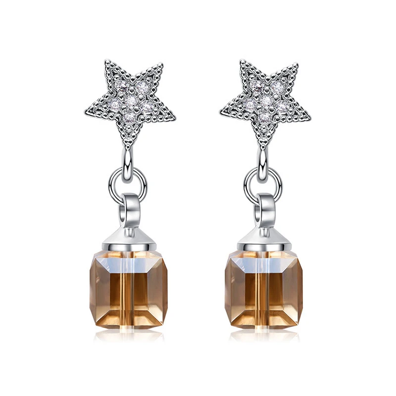 Warme Farben Crystal from Swarovski Earrings for Women S925 Sliver Square Cube Crystal Drop Earrings Korean Earrings Brincos - Цвет камня: Оранжевый