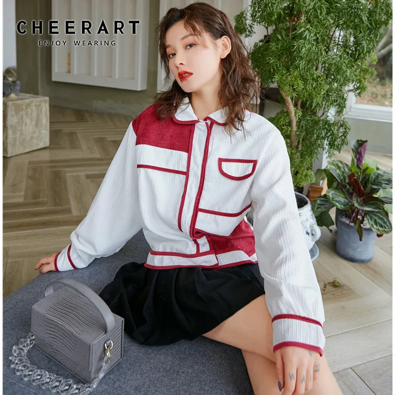 CHEERART Весенняя Вельветовая куртка лоскутное белое пальто Женская Повседневная Корейская куртка верхняя одежда