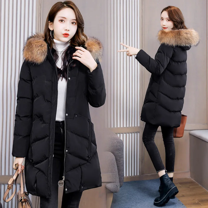 

Down Jacket Cotton-padded Clothes Women's Mid-length 2019 Winter New Style Thick Fashion Genuine Fur Collar INS Fashion Cotton-p