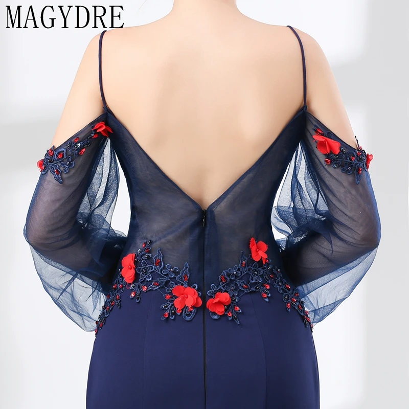 Dark Blue Satin Cap Sleeveless Evening Dress Flower Appliques Spaghetti Straps Floor Length Lace Dress With Belt