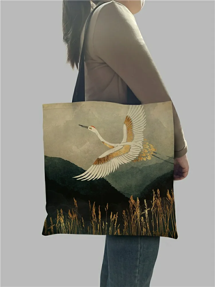 Japanese Ukiyoe Design Causal Women Handbag Crane Designer Tote Bag Eco Reusable Shoulder Shopping Bags For Groceries B13039