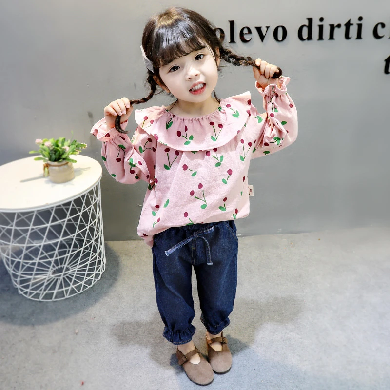 1 5歳の女の子服春 秋2ピース桜プリントビッグラペルファッショントレーナーコート ジーンズパンツ品質の子の服 服セット Aliexpress