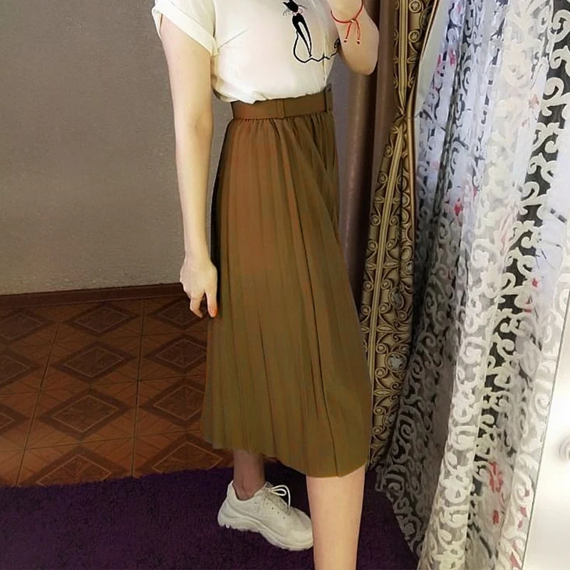 Simplee Fashion A-line women pleated skirt Stripe loose 20 color skirt With belt Elegant British style skirt Autumn winter 2020