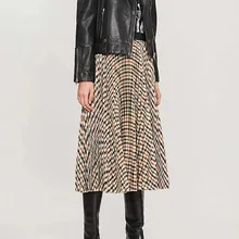 Женская высокая талия контрастная клетчатая плиссированная миди юбка-Женская стильная повседневная юбка