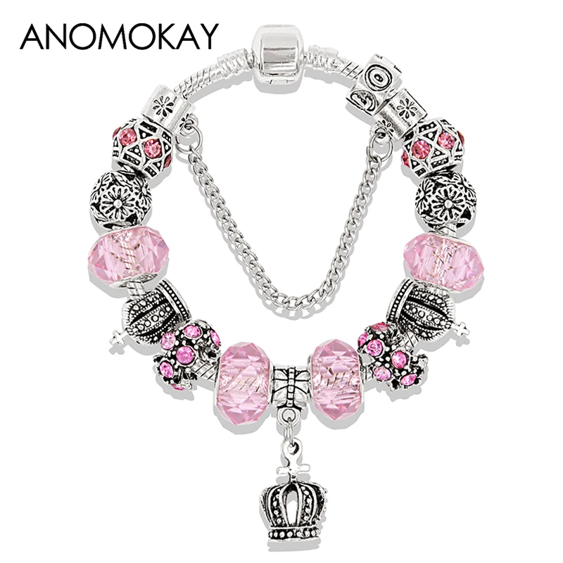 Anomokay Hot Silver Color Royal Crown Charms Bracelets& Bangles Pink Crystal Murano Ornament Bead Bracelet for Women Girl Gift