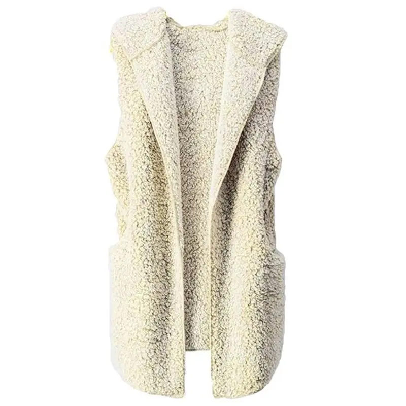 Beige White Женский зимний толстый плюшевый кардиган без рукавов, жилет, открытая передняя часть, сплошной цвет, свободная верхняя одежда, жилет, большая куртка с капюшоном и карманом - Цвет: Beige White