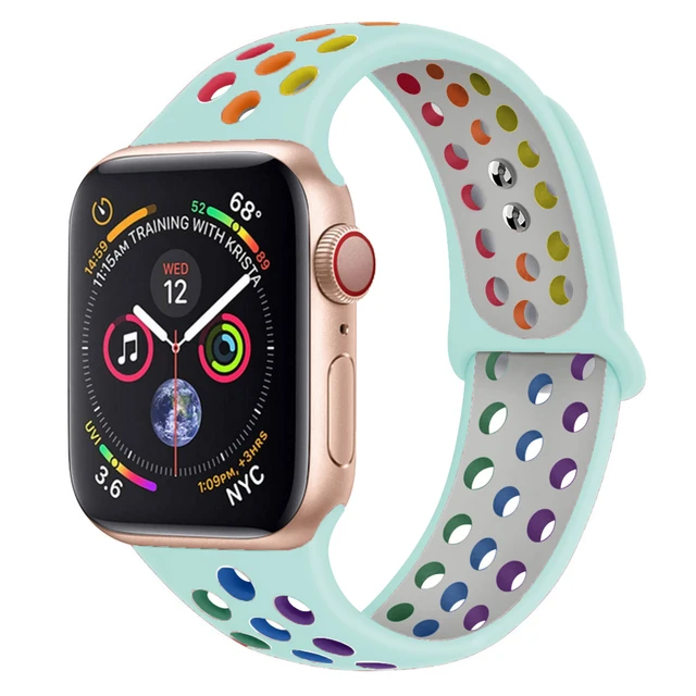 Silicone Strap For apple Watch band 44mm 40mm 45mm 41mm 40 44 mm Breathable Accessories watchband bracelet iWatch 3 4 5 se 6 7 Rainbow-turquoise 55