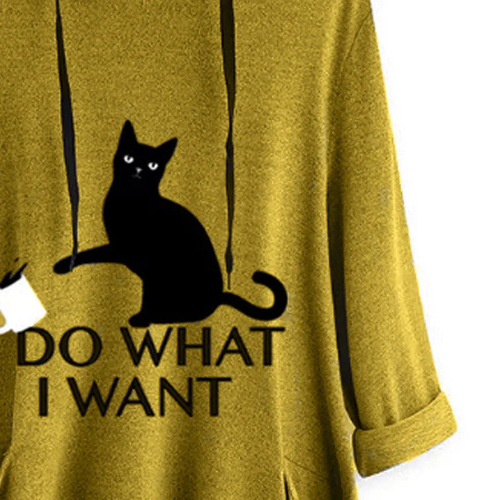 Jaycosin Women Casual Print Cat Ear Hooded Long Sleeves Pocket Irregular Casual Cool Chic New Look Pullover Tops Blouse