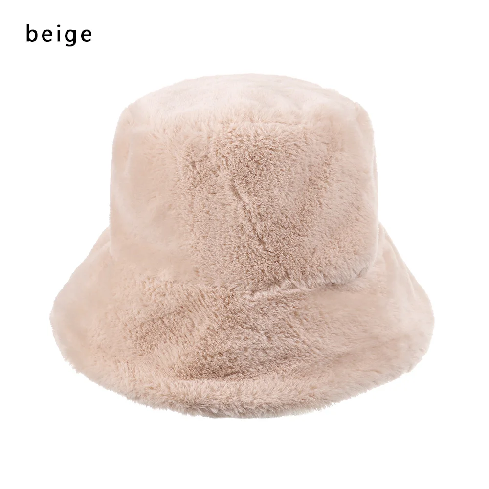 beige Женская фетровая шапка из искусственного меха, зимняя шапка-ведро для женщин и девушек, однотонная утолщенная мягкая теплая шапка для рыбалки, шапки-ведра, женская шапка - Цвет: beige