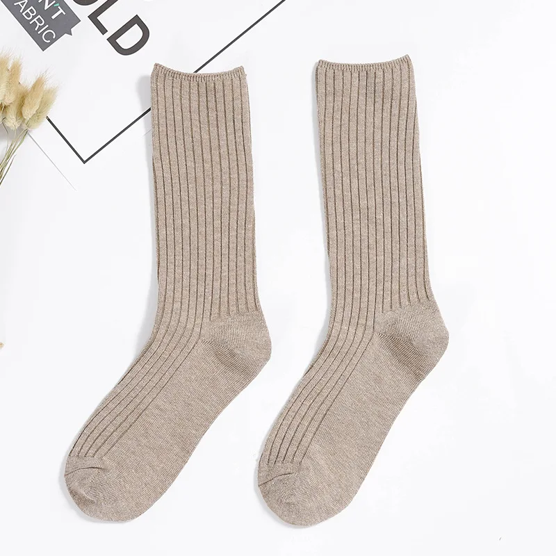 3Pairs/lot=6Pieces Autumn Solid Color Double Needle Vertical Stripes Long Socks Female Cotton Thickening Woman Winter Socks