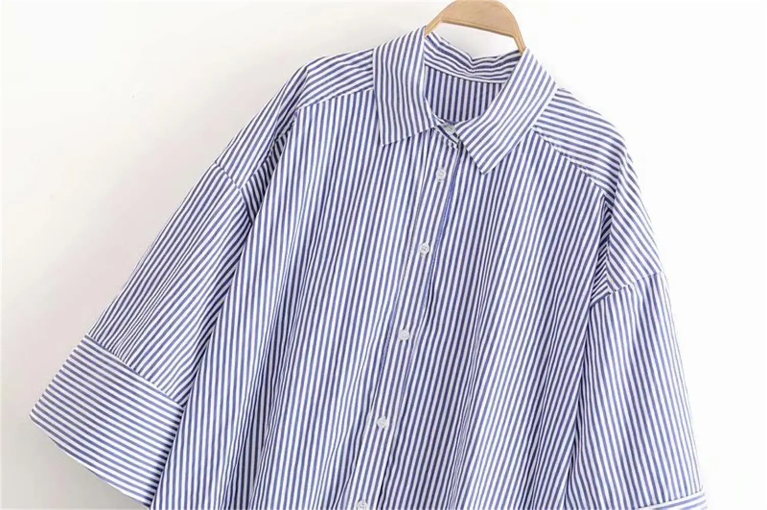 Осень женская одежда отложной воротник семь рукав несимметричная полосатая Свободная Повседневная рубашка 07901104403