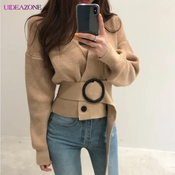 

UIDEAZONE 2019 Autumn Winter V Neck Sweater Thick Warm Knitwear Cardigan Female Knitted Slim Sweater Jumper Women Sweater Female