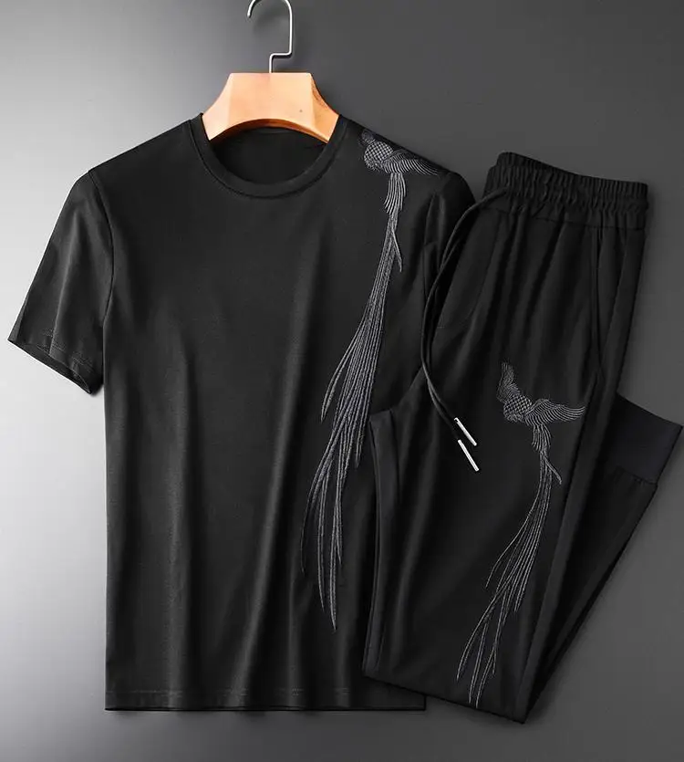 Хлопковые мужские комплекты(T-SHIRTS+ брюки) Роскошные мужские комплекты с коротким рукавом и вышивкой Феникса размера плюс 3xl 4xl летние мужские комплекты