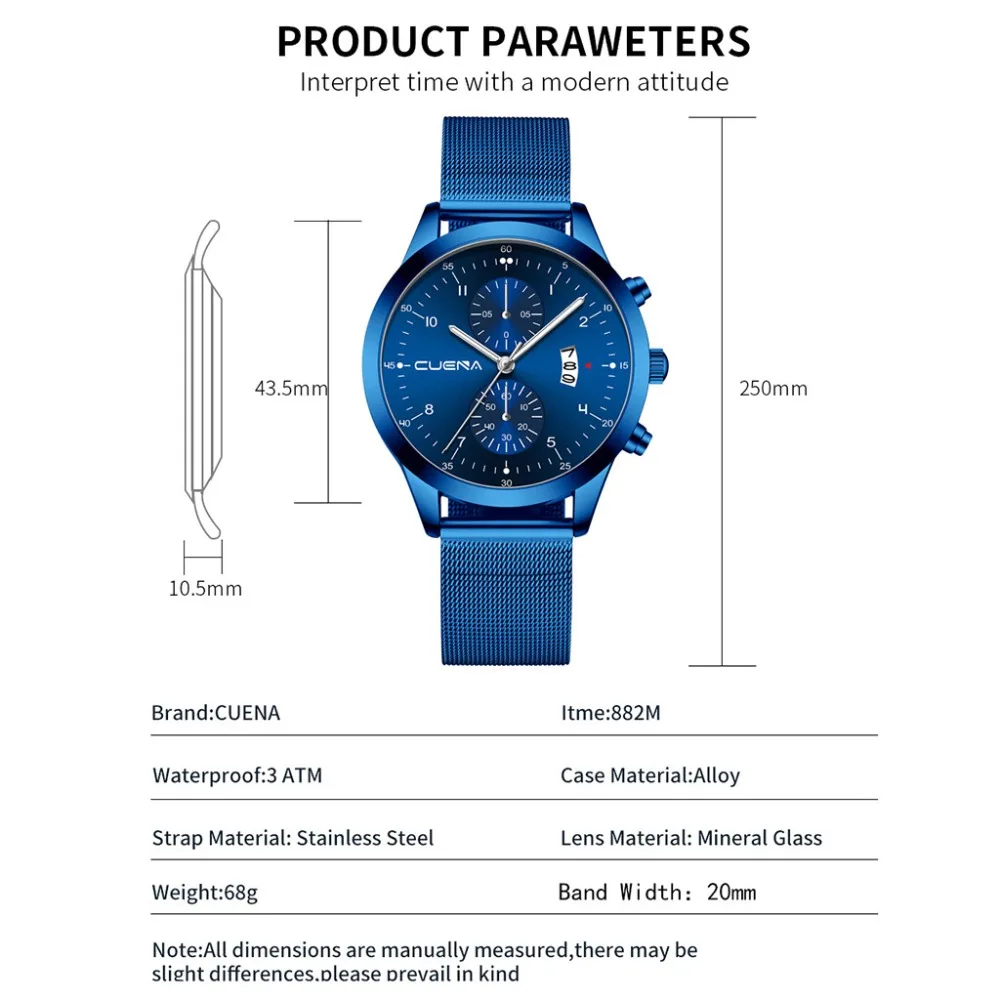 CUENA Модные мужские бизнес стальной ремень часы синий корпус два календарь с глазами кварцевые наручные часы повседневные мужские магнитные часы A40