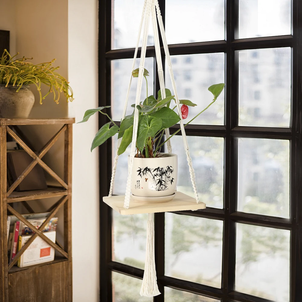 Macrame Shelf Planter Hanger for Indoor Plants with Wooden Shelf Bohemian Hanging Plant Stand for Modern Homes Decor Home Goods
