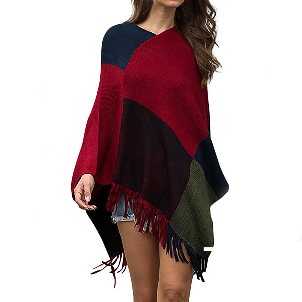 Женская накидка-свитер пуловеры с кисточками и V-образным вырезом асимметричная