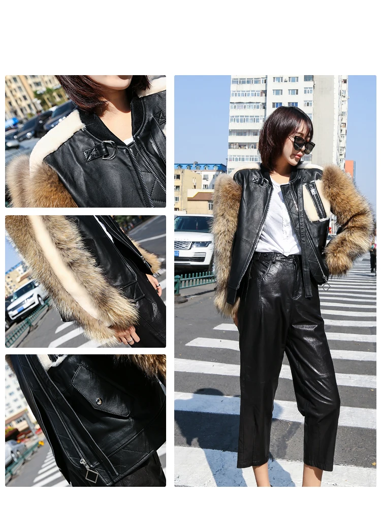 Genuine Leather Jacket Highstreet Real Raccoon Fur Sleeve Round Collar Zip Sheepskin Coat Women Winter Casual Warm Outwear