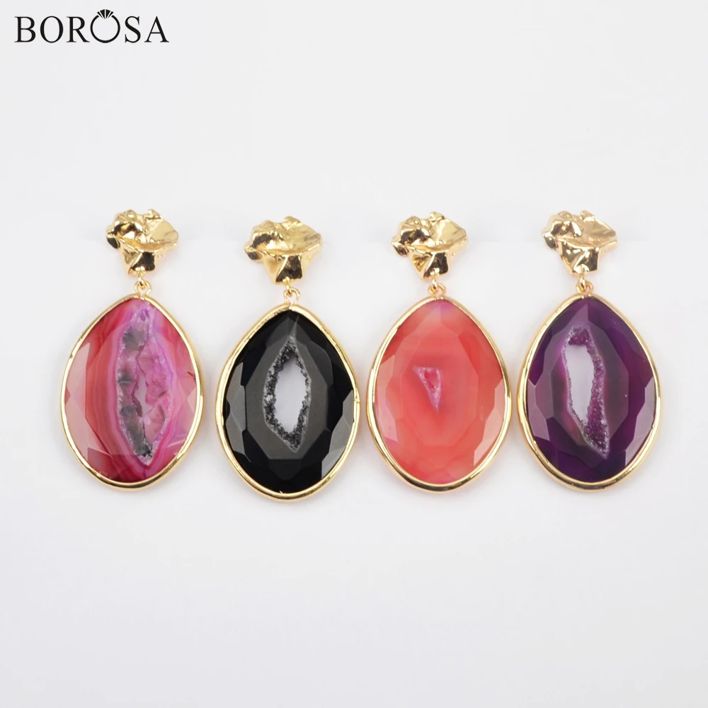 Женские серьги-капельки BOROSA 4 пары золотистого/серебристого цвета Агаты ломтик