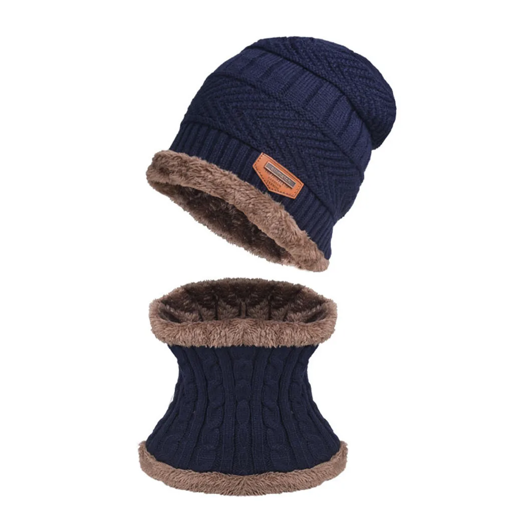 Вязанная мужская шапка осень-зима, шерстяные шапки для мужчин, зимний шарф, шапка, набор, женская Балаклава, бини, две части, женские шапки, шапки - Цвет: Тёмно-синий