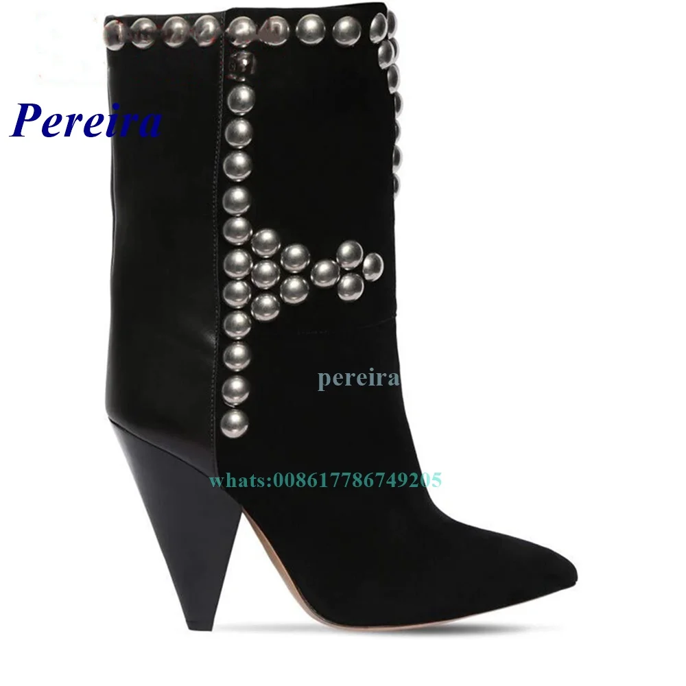 

Pointed Toe Rivet Boots Spike Heel Mid Calf Boots for Plus Size Women Newborn Winter Party Shoes Sexy Hot Sale Black High Heels