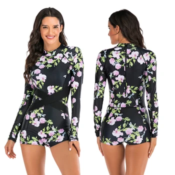 

2020 One Piece Swimsuit Floral Print Long Sleeve Swimsuit Bathing Suit Rash Guard Women Swimwear Surfing Swimming Suit Rashguard