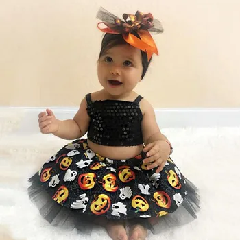 

Sleeveless Cotton Halloween Crop Tops Sequins Autumn Baby Girls Clothes Newborn Pumpkin Tulle Skirt 2pcs Costume Clothing Sets