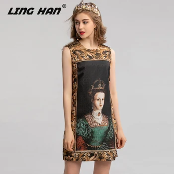 

LINGHAN Designer Women Spring Summer Character Print Sleeveless Mini Dress Female Dresses Party Vestidos Robe Femme New