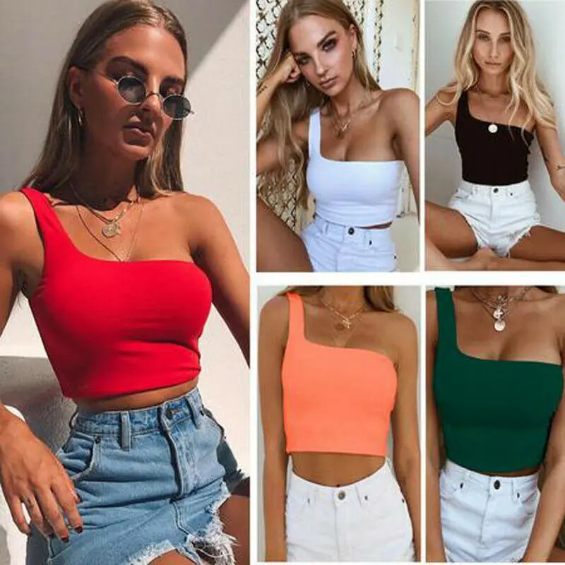 Women Sexy Cool One Shoulder Tank Tops Sleeveless T-Shirt Summer Beach Crop Top | Женская одежда