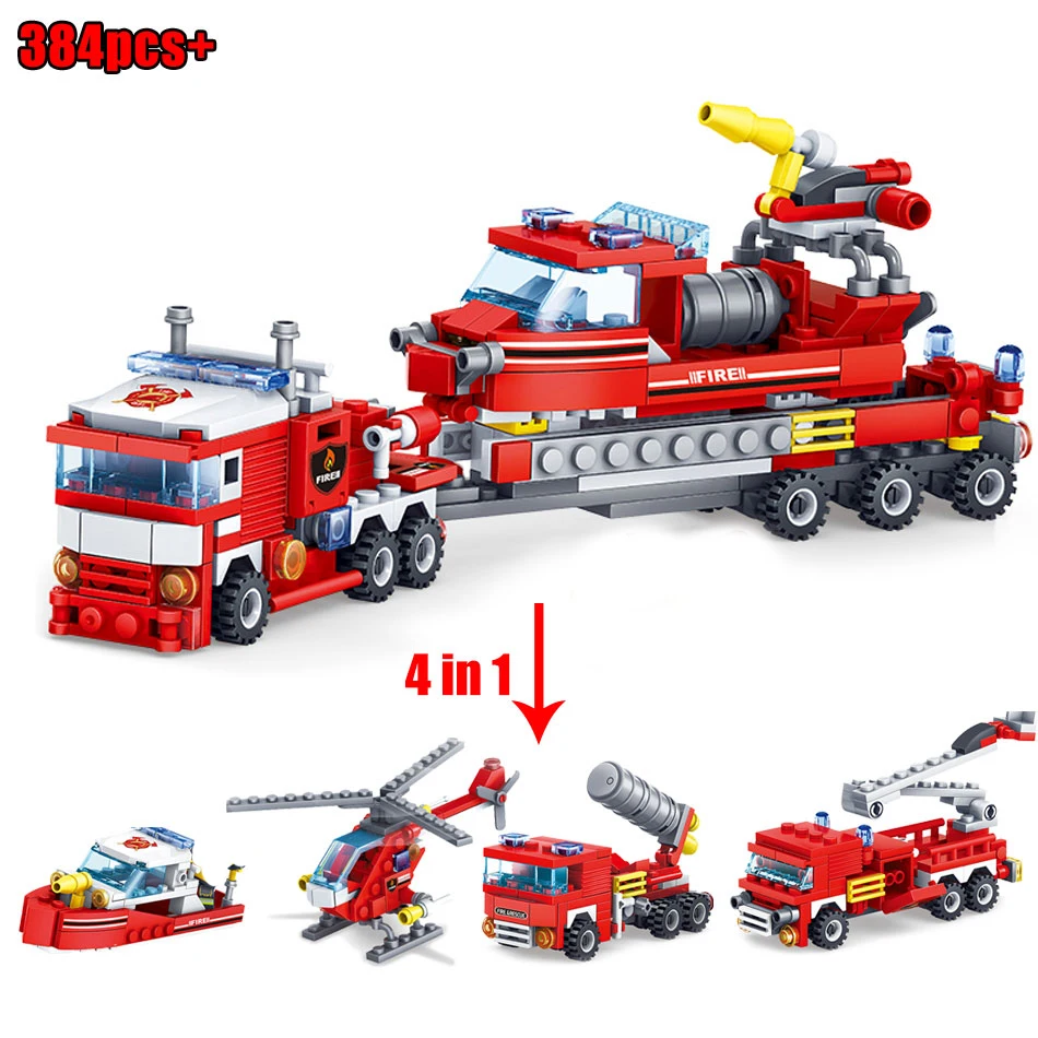 Pаспродажа Модели строительных блоков 348 шт. пожарные 4в1 грузовики автомобиль Вертолет Лодка город пожарные фигурки Детские игрушки