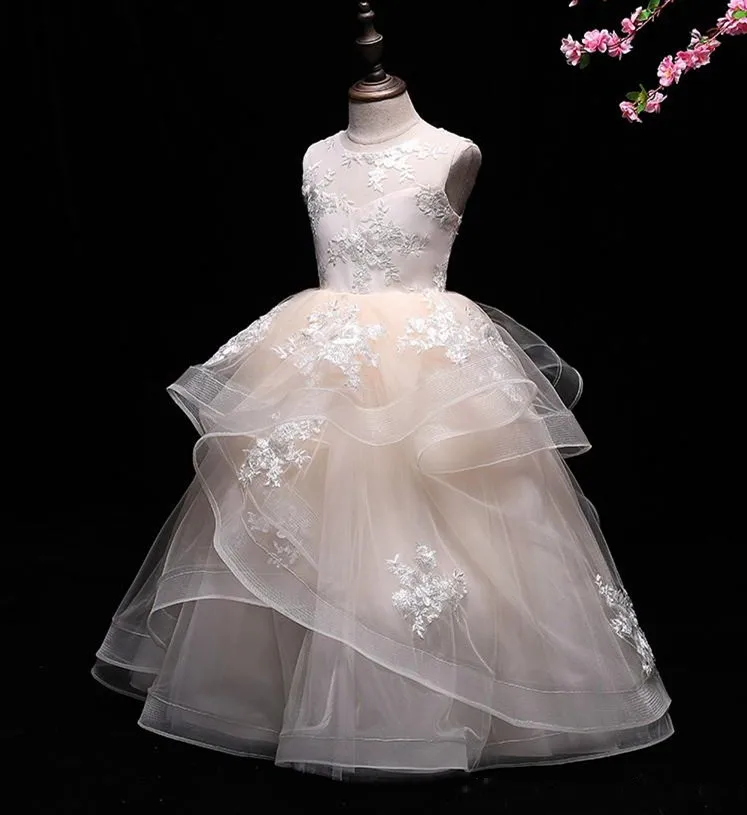 Светильник цвета шампанского, Платья с цветочным узором для девочек на свадьбу, с оборками, из тюля с кружевной аппликацией, с вырезом на спине, корсетом, детское платье для первого причастия