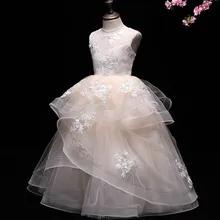 Светильник цвета шампанского, Платья с цветочным узором для девочек на свадьбу, с оборками, из тюля с кружевной аппликацией, с вырезом на спине, корсетом, детское платье для первого причастия