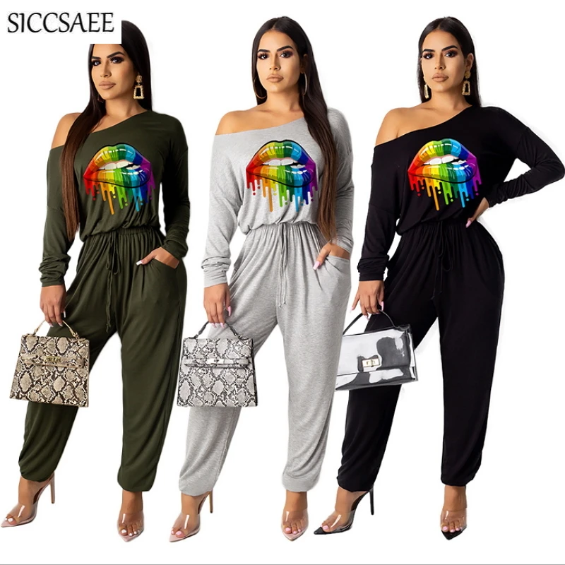 

2019 Autumn Winter New Arrivals Rainbow Multicolor Lips Printed Rompers Womens Jumpsuit Palazzo Long Pants Pinup Long Sleeved Overalls Sexy One Piece Macacao Feminino Curto Casual Off Shoulder Loose
