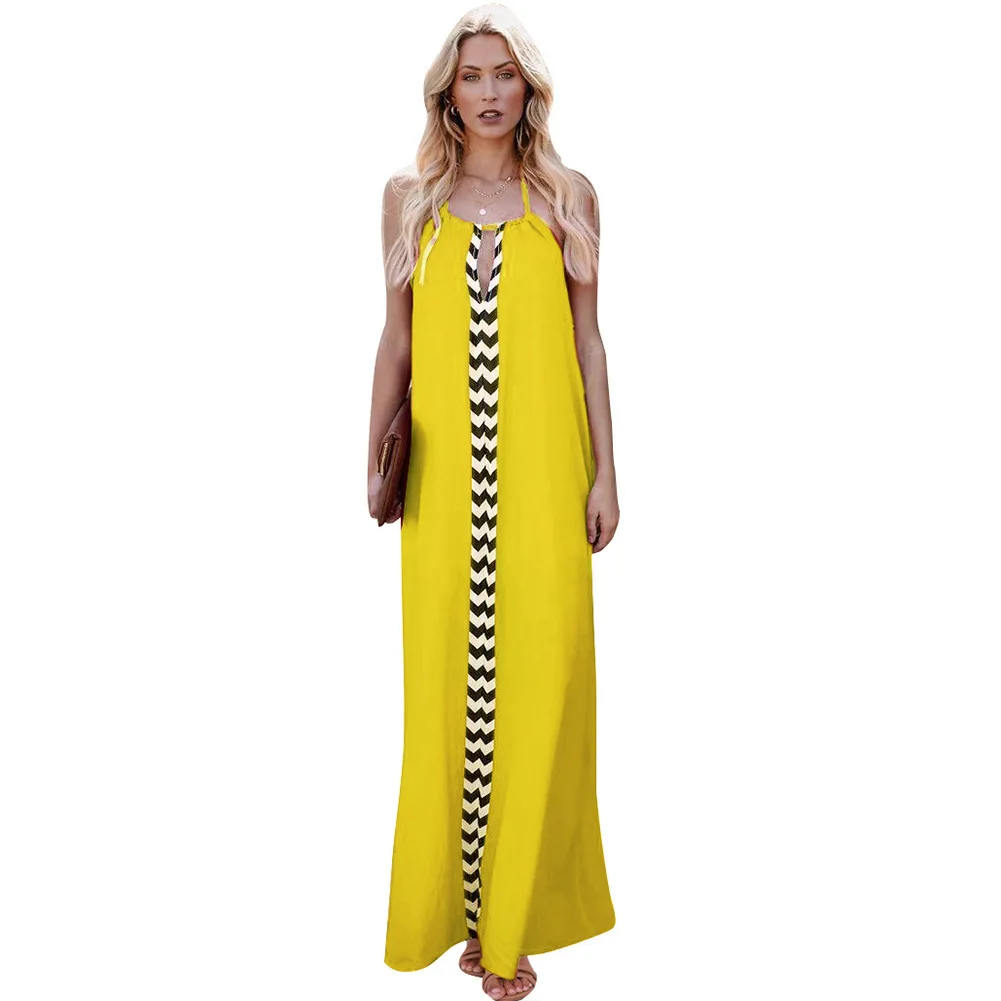 

Summer Elegant Solid Long Dress Casual Women Halter Dresses Loose Color Block Patchwork Maxi Dress for Women Off the Shoulder