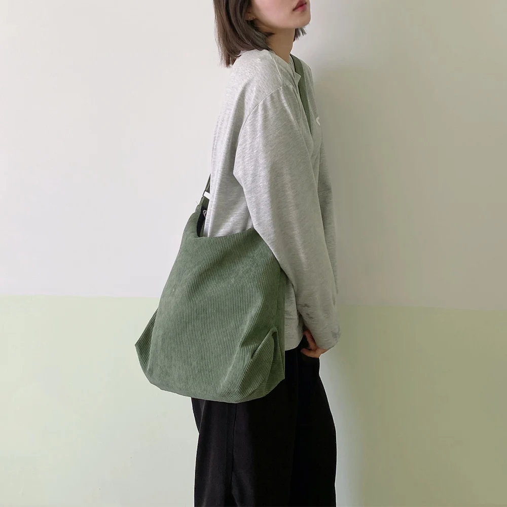 Women Striped Corduroy Bags Simple Canvas Zipper Crossbody & Shoulder Bag Eco Cloth Purse Solid Books Handbags For College Girls