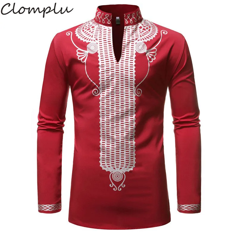 Clomplu африканская одежда Дашики модное Африканское платье с длинными рукавами мужские осенние традиционные рубашки рубашка с принтом черный, красный, белый