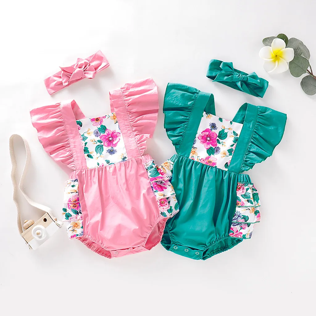 

Newborn Baby Girl Clothes Ruffle Romper Jumpsuit Baby Girls Fly Sleeve Floral Ruffles Backless Romper Bodysuit+Headband 3725