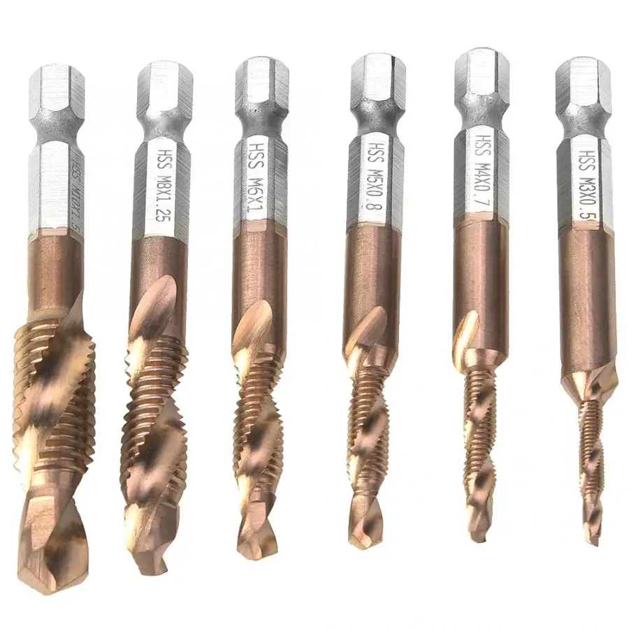 Bronze Coated 6 шт. шестигранные сверла Высокоскоростная сталь 6,35 мм шестигранный хвостовик кран сверло составной кран M3/M4/M5 M6/M8/M10 - Цвет: Bronze Coated