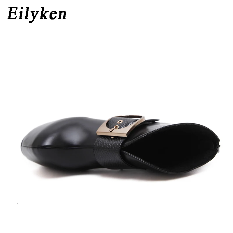 EilyKen/женские модные ботинки на очень высоком каблуке и платформе; ботинки на Высоком толстом каблуке с пряжкой и молнией; черные ботинки с круглым носком; сезон весна-осень