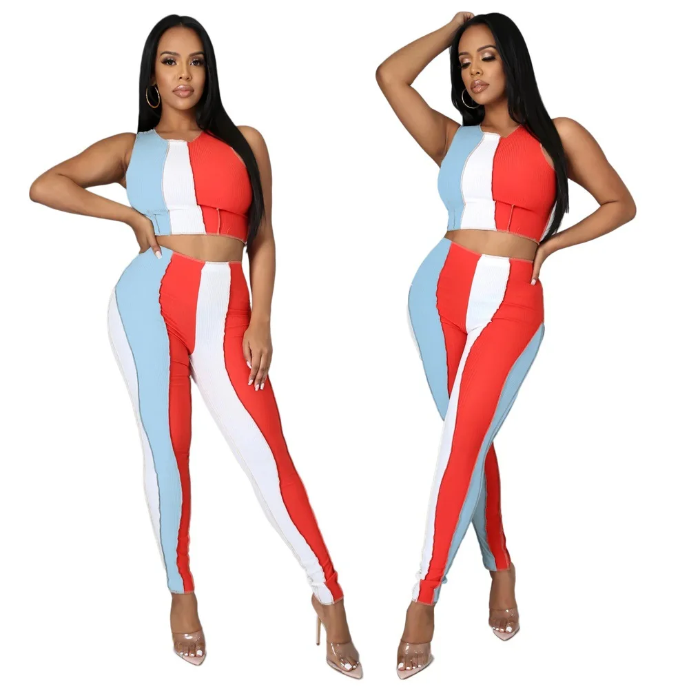 S-XL Pantsuit Ladies Collision Color Splicing Top + Tight Pants Two Pieces Of Fashion Slim Sexy 2021 Summer New Casual Vest Suit