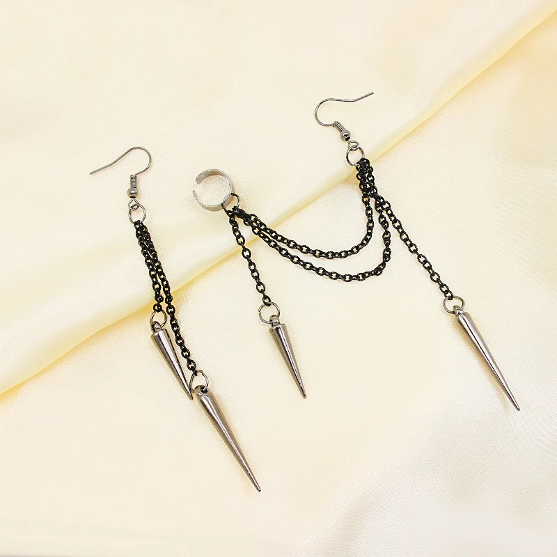 Dangle Earrings Chain Ear Clips Crystal Tassel Earrings Black chain tassel ear-hook Asymmetry Multilayer chain Punk Hip hop personality Jewelry Ear clip For Women Girls