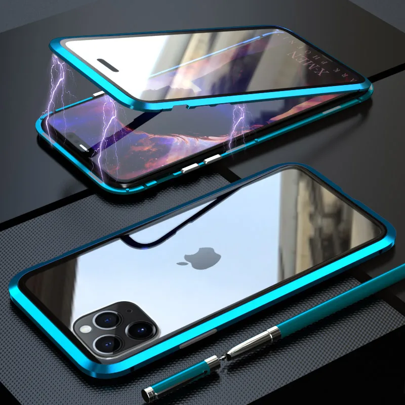 Роскошный двухсторонняя, для стекла Магнитный чехол на iPhone 11 Pro Max Алюминиевый металлический бампер магнит чехол 360 Защитный чехол с петлей