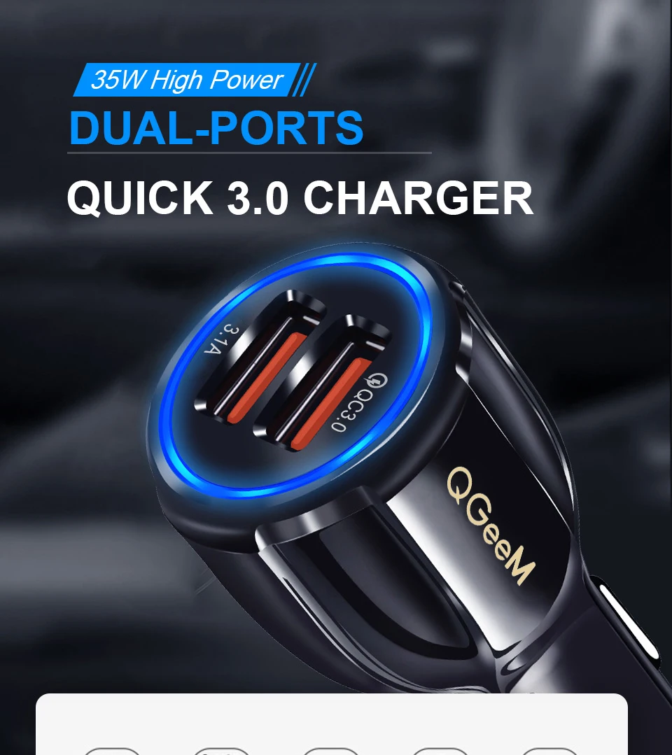 QGEEM Dual USB QC 3.0 Car Charger Quick Charge 3.0 Phone Charging Car Fast Charger 2Ports USB Portable Charger for iPhone Xiaom